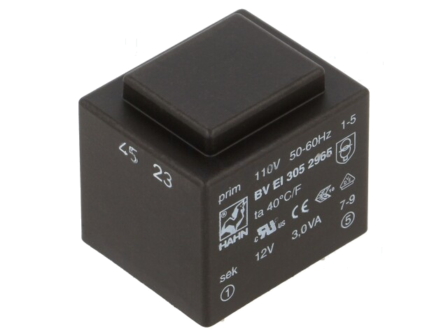 Transformator: ingegoten; 3VA; 110VAC; 12V; 250mA; PCB; BVEI Transformator: ingegoten; 3VA; 110VAC; 12V; 250mA; PCB; BVEI